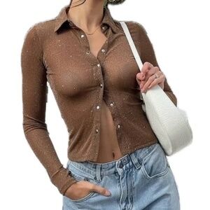 Princess Polly Sparkle Sequin Brown Mesh Button Down